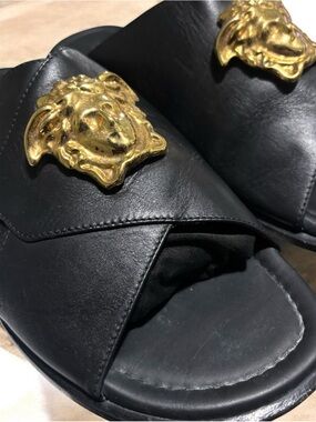 Versace Black Real Genuine Leather Slides with Gold Medusa Emblems